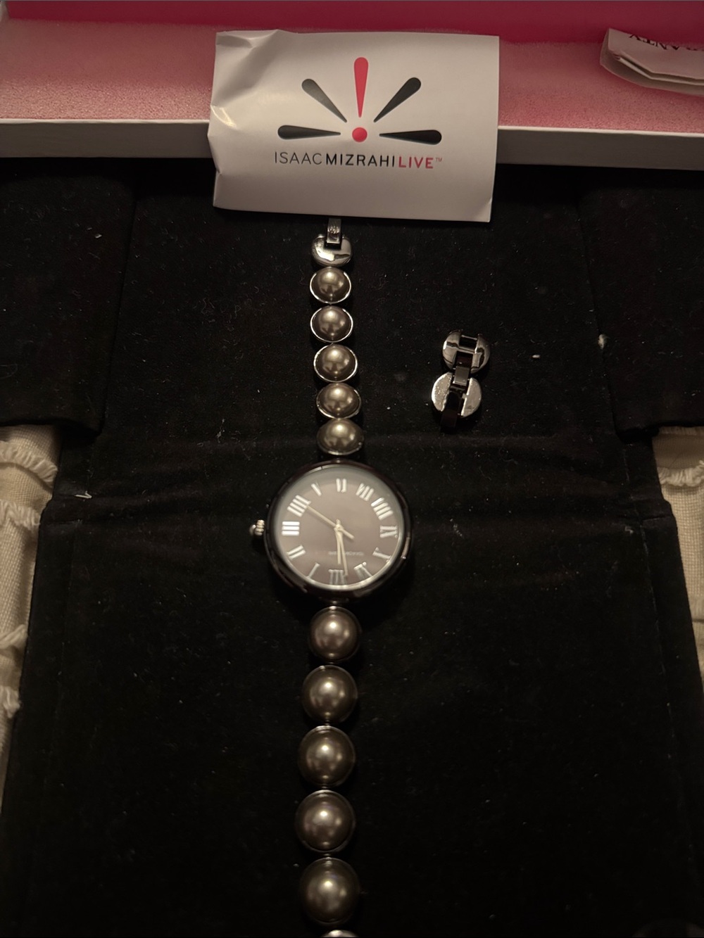 Vintage Isaac Mizrahi Metallic Gray Pearl-Link Bracelet Watch